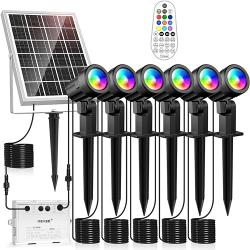 MEIKEE Luzes solares LED exterior jardim 6 em 1 holofotes RGB exterior jardim controlo remoto 10 cores 30 modos mudança de cor 2 brilho 3 temporizadores luz solar iluminação para árvores relva pátio