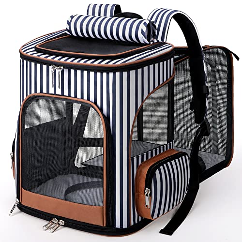 Lekesky Mochila extensível para gatos e cães até 10 kg, mochila dobrável para animais de estimação com trela de segurança interior e 2 tapetes para animais de estimação, às riscas, L