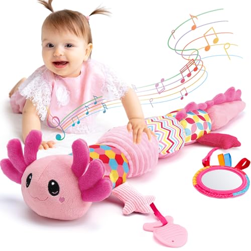 hahaland Brinquedos bebés 0 3 6 meses - peluche musical com chocalho, mordedor, esmagados, rugas, espelho - Tummy Time Sensorial para bebés 6-12 meses