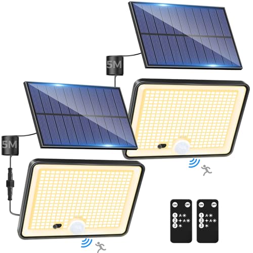 LOTMOS 2 pacotes luz solar exterior jardim, 342 LED/comando à distância holofotes LED exteriores solares sensor de movimento, IP65 candeeiro solar impermeável, 3 modos luzes solares LED jardim,
