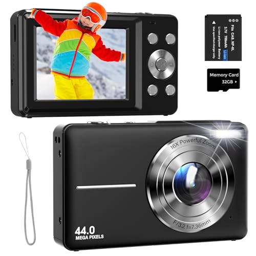 Câmara digital 44MP 1080P FHD câmara fotográfica compacta com zoom digital 16X, ecrã de 2,4" e cartão de 32 GB, uma bateria para crianças, adolescentes e iniciantes preto