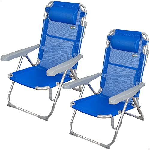 AKTIVE 62266 - Conjunto de 2 cadeiras reclináveis para praia, jardim, terraço ou campismo, medidas 48 x 60 x 90 cm, altura 28 cm, leve, 5 posições, inclui alça de transporte