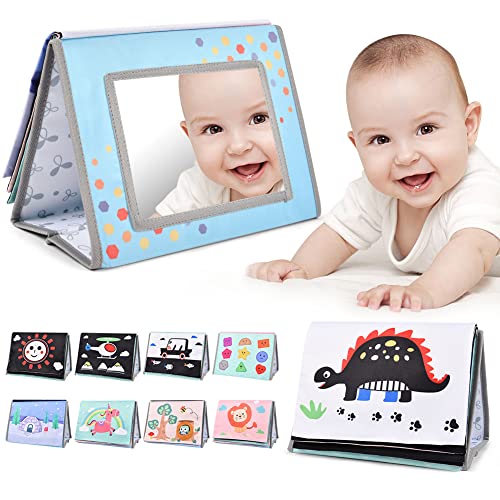 Aolso Brinquedos de espelho para bebés, espelho bebé montessori, espelho para bebé brinquedo com livro de tecido, brinquedos padrão de contraste, brinquedos sensoriais para bebés recém-nascidos
