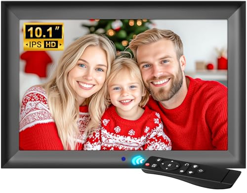 OBVHNUA Moldura de fotos digital de 10,1 polegadas, suporte digital ecrã IPS HD 1280 x 800, suporte para foto/música/vídeo, rotação automática, moldura digital com controlo remoto/relógio/calendário