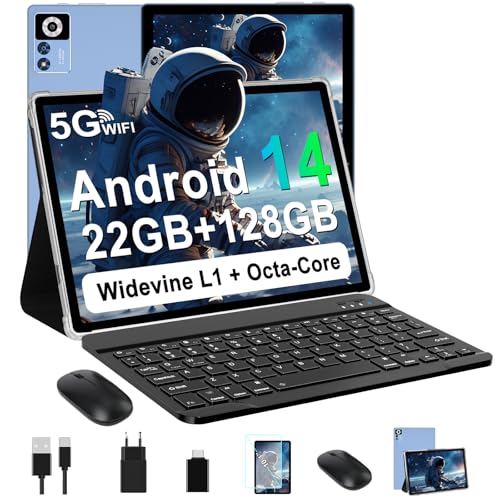 ZIOVO Android 14 Tablet de 10 polegadas, 22 GB RAM+128 GB ROM (TF 1TB), 5G WiFi, Widevine L1/Octa-Core/2,0 GHz/8000 mAh/corpo metálico/8 5 MP/ Tablet 2 em 1 Com teclado e Rato - azul