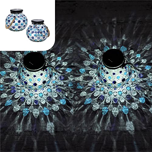 Gadgy ® Conjunto candeeiro solar mesa azul | 2 peças feito de vidro, lanterna LED de efeito de luz mosaico | para casa, jardim, exterior | visual único[classe de eficiência energética A++]