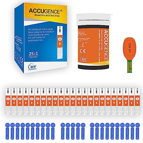 ACCUGENCE 25 tiras de teste de ácido úrico e 25 lancetas. (adequado para monitor multifuncional ACCUGENCE PM900 3 em 1)