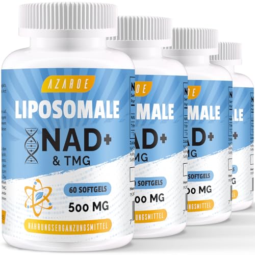 Lipossomais Nad Cápsulas lisas de 500 mg com TMG de 250 mg, mais eficientes do que o ribosido de nicotinamida, apoiam a energia celular e o envelhecimento saudável (60 unidades (embalagem de 4))