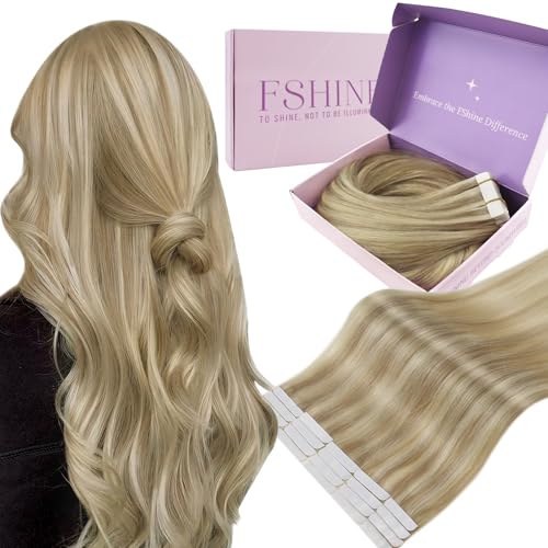 Fshine Extensões adesivas cabelo natural 20 polegadas 50 cm cabelo humano 50 g loiro dourado highlight loiro claro 20 peças liso Remy cabelo extensões cor 16 P22