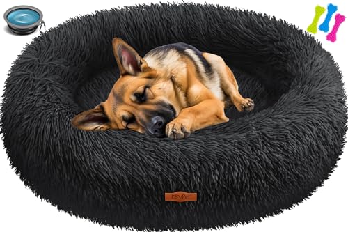 Lovpet® Cama para cão e gato, bagel, íncl. Tigela + 3x ossos mastáveis, sofá moído para cães pequenos, médios e grandes, gatos, Ø 100 cm (3XL) - preto