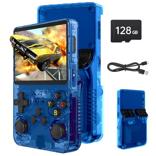 Febotak R36S Consola de jogos portátil retro, ecrã IPS de 3,5 polegadas, 128 GB de memória, mais de 40.000 jogos, com base em ARKOS de código aberto LINXU, bateria de 3500 mAh (azul escuro)