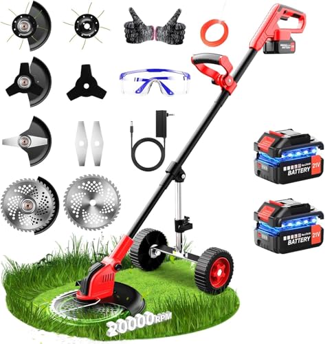 Desboçador a bateria 21 V máquina de cortar garrafas elétrica com rodas, 12 polegadas com cabo telescópico ajustável de 12 polegadas, corta-relvas, com 2 baterias e carregador
