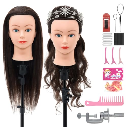 Cabeça manequim cabeleireiro Neverland cabeça de boneca para pentear 28" 60% cabelo real para práticas de cosmetologia, treino com pinça de mesa acessórios de penteado (castanho)