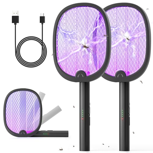 YISSVIC Raquete mosquitos elétrica 2 peças mata mosquitos elétrico dobrável 2 em 1 4000 V 1800 mAh USB-C recarregável mata-moscas elétrico de luz UV - preto