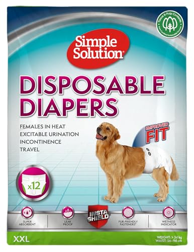 Simple Solution Fraldas descartáveis para cães femininos, ajuste super absorvente à prova de fugas, indicador de humidade 12 panos