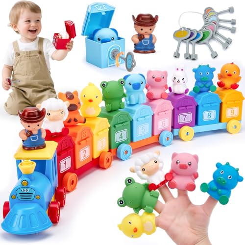 hahaland Trem de brinquedos para crianças 12 2 anos - 20 em 1 comboio brinquedo Montessori com animais rurais, bichos de dedo, chave de celeiro - carros de brinquedos para crianças 1 2 3 4 anos