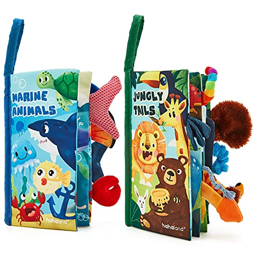 hahaland Livros bebé brinquedos bebés 0-3 6-12 meses 2 peças livros de tecido lisos para bebés recém-nascidos crianças educativo brinquedos crianças 1 ano, animais livro sensorial suave de atividades