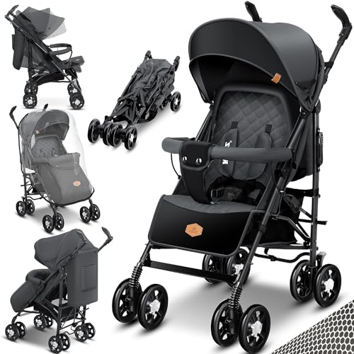 KIDIZ® Carrinho de carrinho de criança dobrável e reclinável, carrinho de passeio dobrável 360° rodas de 6 polegadas Incl. mosquiteiro, cobre pés e cobre chuva dobráveis