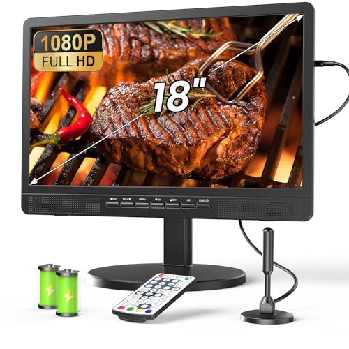 Desobry TV portátil de 18 polegadas com antena, mini TV LCD com sintonizador DVB/T2, 12 V TV recarregável 6000 mAh com suporte redondo para campismo ao ar livre, quarto, cozinha