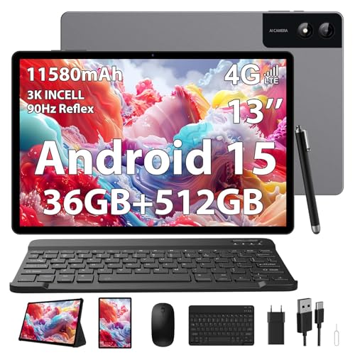 PIXPEAK Tablet de 13 polegadas com Android 15, 36 GB RAM, 512 GB ROM (extensão de 2 TB), 4G Lte/5G WiFi, 2940 * 1840, 11580 mAh, G99 Octa-Core, 13 MP+ 8MP, tablet com Tablet eclado/GPS /Azul/4