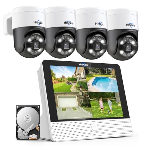 Hiseeu 8MP Kit câmaras de vigilância PoE, monitor LCD de 12 polegadas com 8CH NVR, 4 x 8 MP câmara IP PoE de vigilância exterior com visão noturna colorida, IP66 impermeável, gravação 24/7, áudio