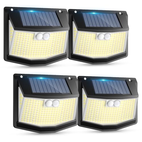 Luz exterior solar LED jardim: 248 LED luzes solares com sensor de movimento 3 modos solar exteriores candeeiro 270° iluminação IP65 impermeável holofotes solares para jardim garagem pátio 4 pacotes