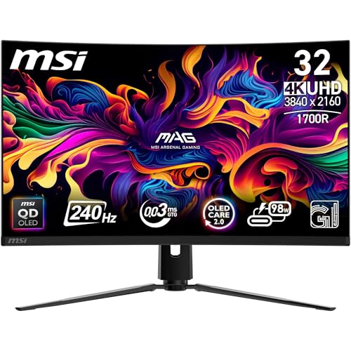 MSI, MPG 321CURX QD-OLED, 32 polegadas, 4K UHD, 3840 x 2160,1700R, monitor OLED, 240 Hz, 0,03 ms, DisplayHDR True Black 400, compatível com G-Sync, HDMI 2.1, DP 1, DP .4A, USB C 98W PD, ajustável em