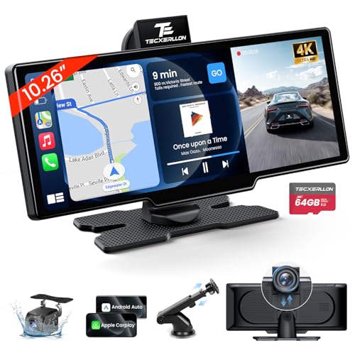 TECXERLLON 10,3 Ecrã sem fios Carplay de polegadas para carro com 4K Dash CAM e 1080P Backup Camera, recetor de áudio portátil para carro com Carplay e Android Car