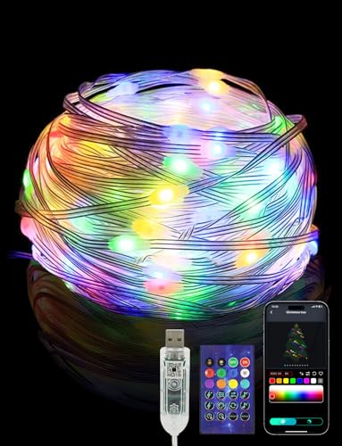 AGOTD Corrente de luzes de 10 m, 100 LED, RGB, alimentação por USB, controlo por aplicação, controlo remoto, sincronização de música, WiFi/Bluetooth, USB, corrente de luzes para jardim, casamento,
