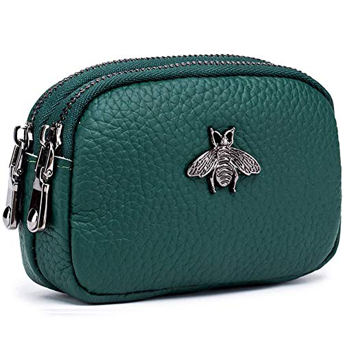 Porta-moedas de couro genuíno para mulher - duplo fecho de correr bolsa de mudanças de abelha porta-cartões porta-moedas mini carteira simples porta-moedas bonito útil para senhoras mulher