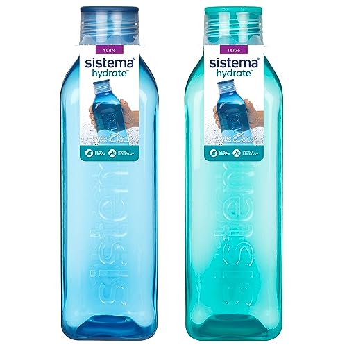 Sistema Garrafa de água quadrada de 1 l Garrafa de água sem BPA, tampa hermética, laterais que facilitam a aderência, azul-oceano e verde hortelã, 2 unidades