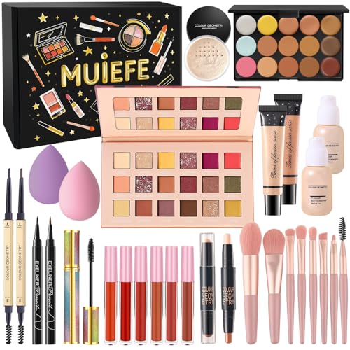 Muiefe Kit maquilhagem mulher, conjunto presente de maquilhagem adolescentes menina, kit de estojo de maquilhagem profissional completo com paleta sombras de olhos, base de maquilhagem líquida, rimel,