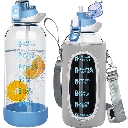 Seekua 2 litros Garrafa de água de vidro grande 2 l garrafa ginásio vidro desportivo com palha e marca de tempo sem bpa