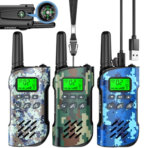 Inspireyes Walkie Talkie crianças recarregável com bússola, 48 horas de tempo de trabalho, 3 quilómetros de longo alcance, presentes de aniversário, brinquedos ao ar livre para crianças dos 3 aos 12