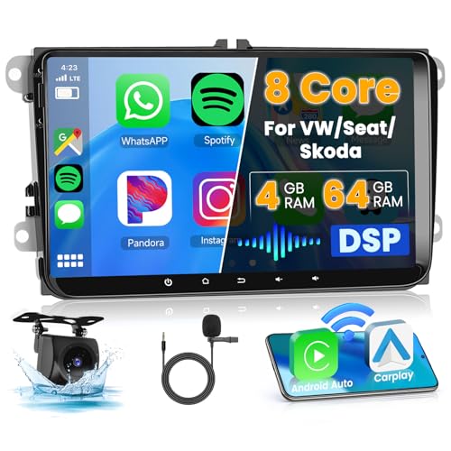 Ohradio 8 Core/4G + 64G/DSP Android 15 rádio carro para VW Golf 5 golfe 6 Polo Passat Tiguan T5 Transporter Seat Leon com Wireless CarPlay Android Automático, 9" ecrã tátil com BT GPS WiFi RDS FM USB+