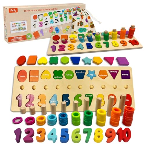 Felly Brinquedos Montessori crianças, 2 em 1 jogo educativo brinquedos de madeira bebé placa de contagem números empilhamento classificação matemática aprendizagem, presente de aniversário Natal 3