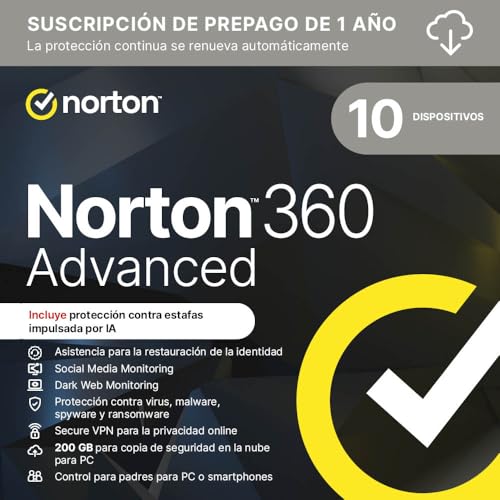Norton 360 Advanced 2025 │ 10 Dispositivos │ 12 meses renovación automática │ Social Media, Dark Web Monitoring y VPN │ Código por email