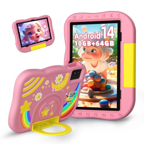 Tablet infantil tablet Android de 14, tablet para crianças de 10 polegadas, 6000 mAh, 10 GB RAM 64 GB ROM, câmara dupla, WiFi, BT5.2, controlo parental, mesa de aprendizagem infantil para crianças