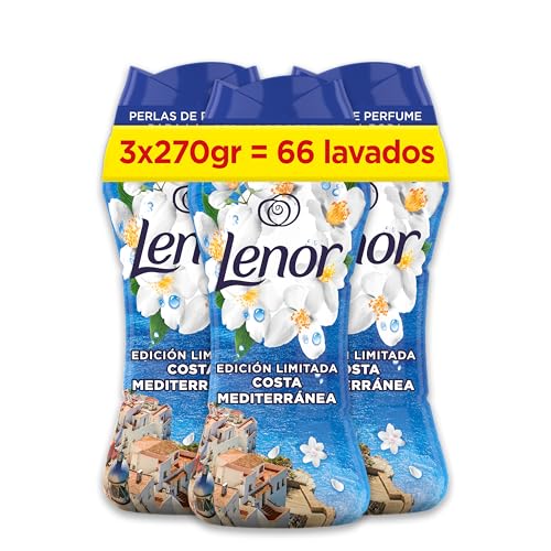 Lenor Pérolas de perfume para roupas, 66 lavagens (3 x 270 g), Brisa marinha e jasmim, edição limitada costa mediterrânea, Frescor ininterrupta até 12 semanas