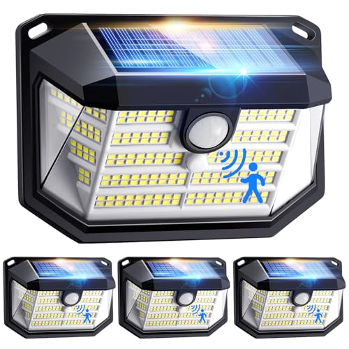 PIKOY Luzes solares de segurança com sensor de movimento para exteriores [4 unidades), 230 LED 270°, 3 modos, luzes solares para cerca de jardim ao ar livre, IP65, 2000 mAh