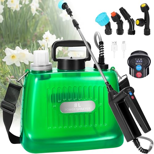 DOUBFIVSY 8 L Pulverizador elétrico para plantas, pulverizador de jardim com 4 bicos, indicador de nível de bateria, 3 velocidades ajustável, pulverizadores de pressão a bateria recarregável (8 L)