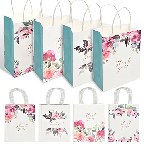 Skyzone Sacos de presente de flores de papel com alças, 12 peças sacos de papel kraft branco saco de agradecimento com padrão de flores para o Natal, aniversário e festa de casamento