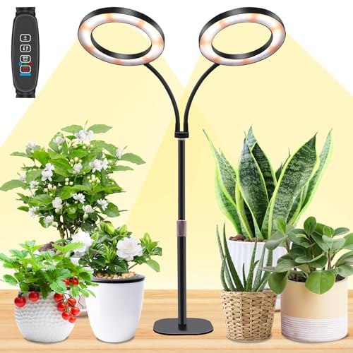 Candeeiro de crescimento para plantas de interior, candeeiro LED de mesa de cabeça dupla, altura ajustável, temporizador automático com 3/9/12 horas, ideal para o crescimento de plantas pequenas
