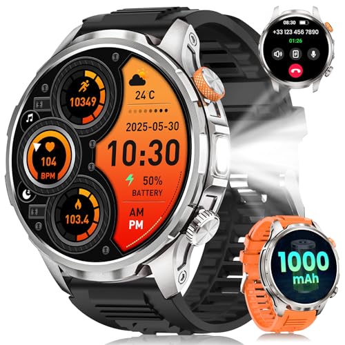 Relógio inteligente homem militar com chamadas, 1000 mAh Smartwatch homem com 1,91" AMOLED/5ATM impermeável/LED lanterna/110+ modos desportivos/SpO2/pulsómetro/sonho/pulseira atividade Android iOS