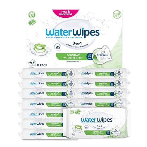 WaterWipes Sensitive Hydrating Boost Wipes, 720 unidades (embalagem de 12), 3 em 1 limpa, cuidado, hidratante, 99% água com aloé vera, toalhetes sem perfume para bebés