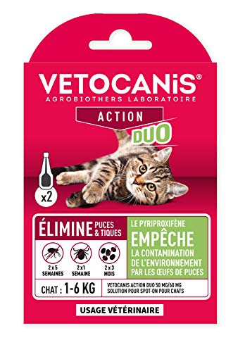 Vetocanis - Pipeta anti-carraças para gatos - tratamento e proteção contra pragas, gato 1-6 kg e habitat - caixa de 2 pipetas