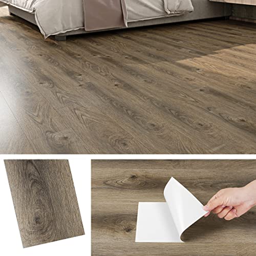 Livelynine Soalho de vinil autocolante de madeira carvalho natural 32 peças impermeável autocolante de vinil madeira laminado castanho 90 x 15 cm pisos de vinil autocolantes para chão cozinha casa de