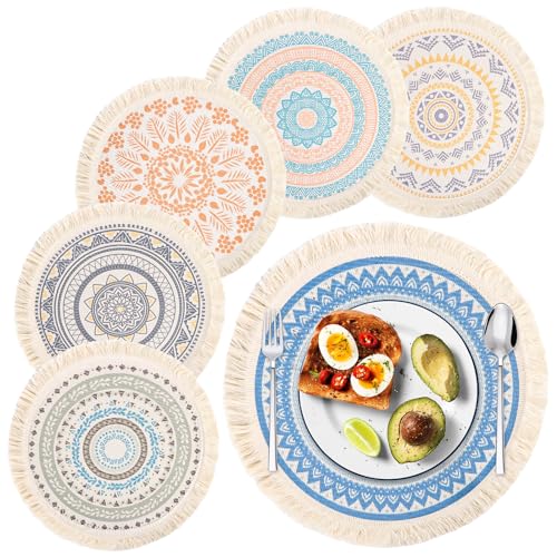 Conjunto de 6 toalhas de mesa individuais, redondas, 33 cm, individuais tecidos resistentes ao calor, antiderrapantes, algodão boho para cozinha, sala de jantar, casamento, festa, casa de campo,