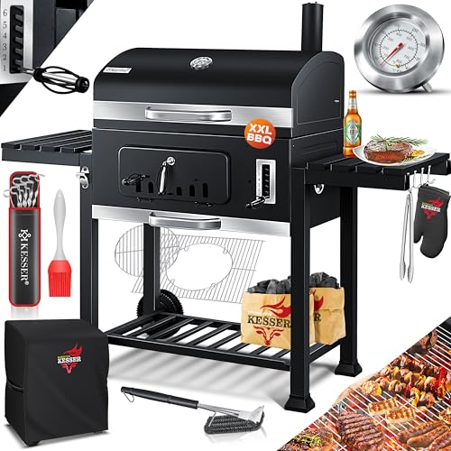 KESSER Churrasco XXL com fumador, com tampa, rodas, cabo de aço inoxidável, termómetro, capa, 8 ganchos numa bolsa e escova de silicone, grelha de pé