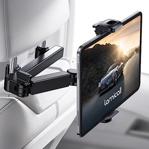 Lamicall Suporte para tablet para carro, suporte para tablet de repouso de cabeça - [braço telescópico de eixo duplo] 360 ° rotação, suporte para carro para iPad, Sumsung Tab, Switch e outros 4,7-11"